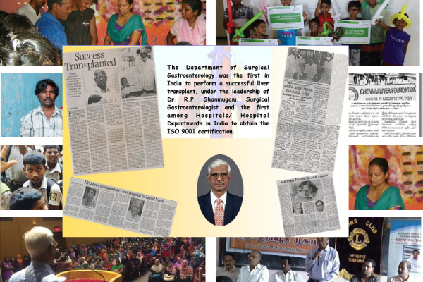 A collage of various events conducted by CLF and information detailing India's first liver transplant 